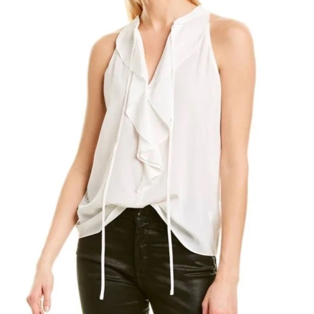 A.L.C. - Silk Ruffle Trim Sleeveless Blouse with Tie Front Details - White